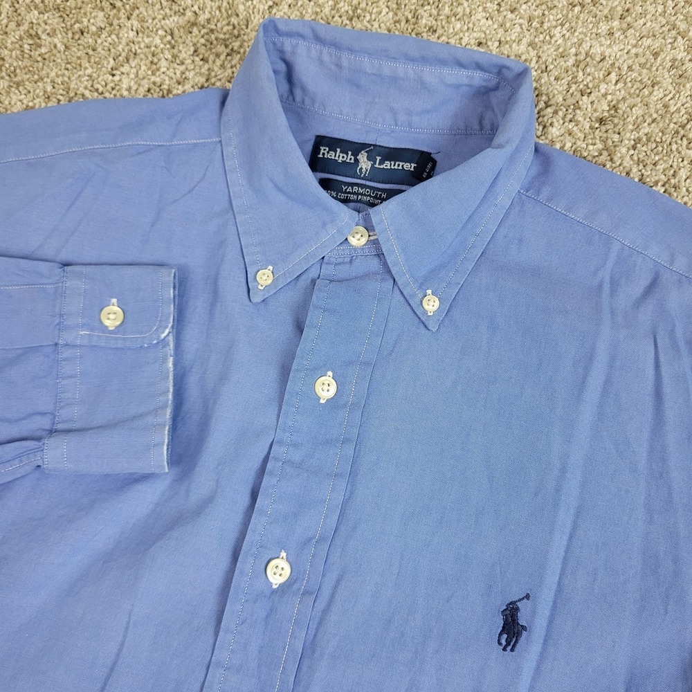Ralph Lauren Yarmouth Pinpoint Oxford Mens 15.5-33 Solid Blue‎ Pony Button Down